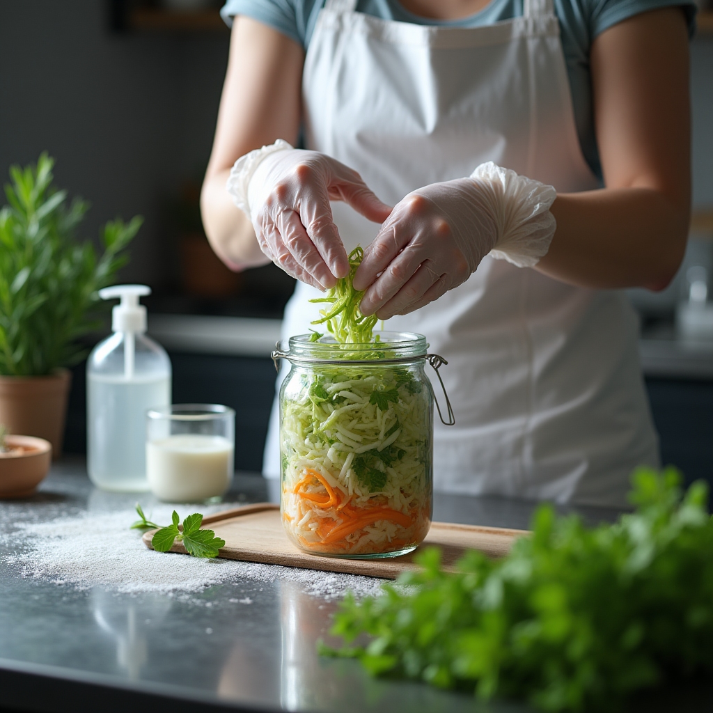 Detail rukou při hygienické přípravě fermentované zeleniny v rukavicích