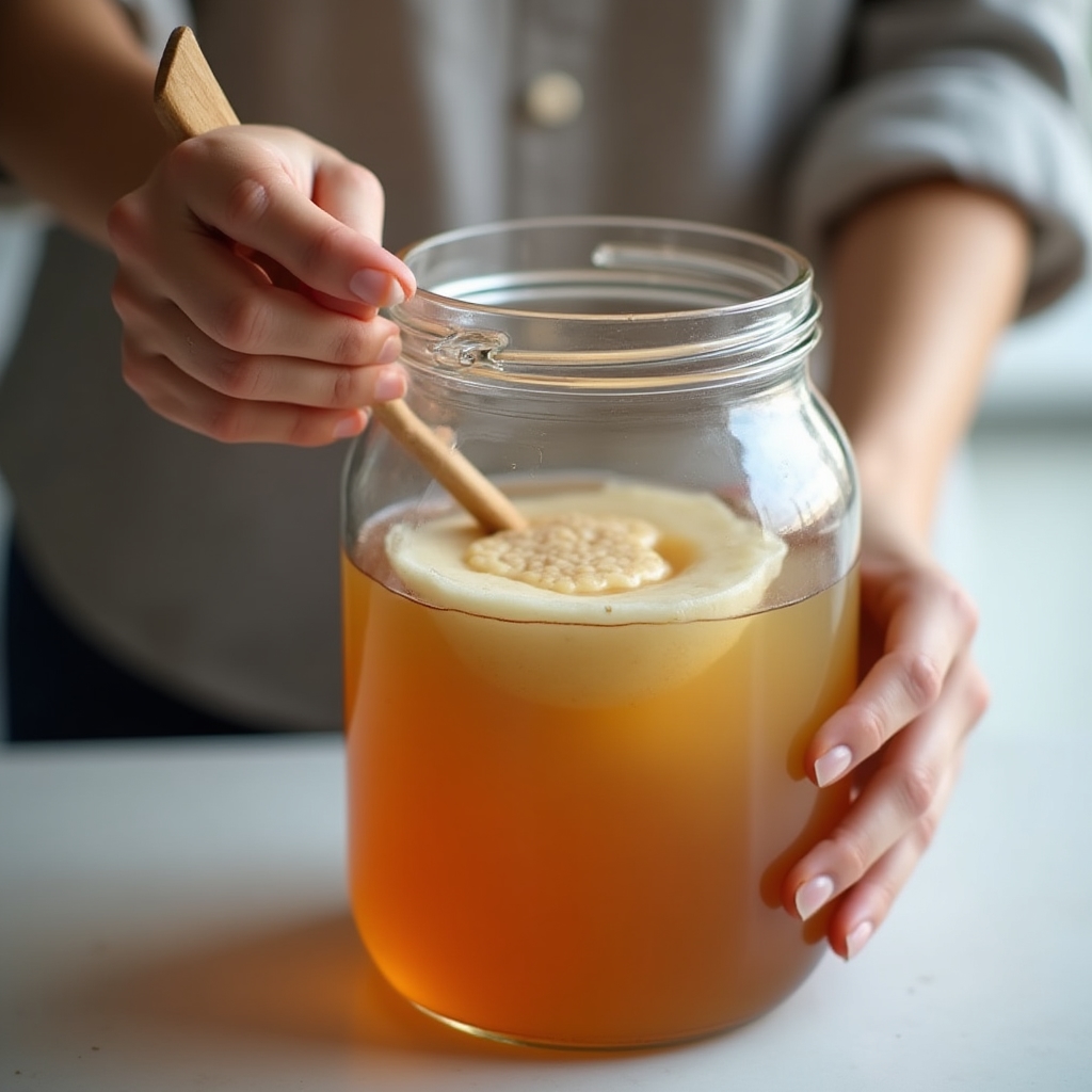 Příprava kombuchy se SCOBY kulturou ve skleněné nádobě